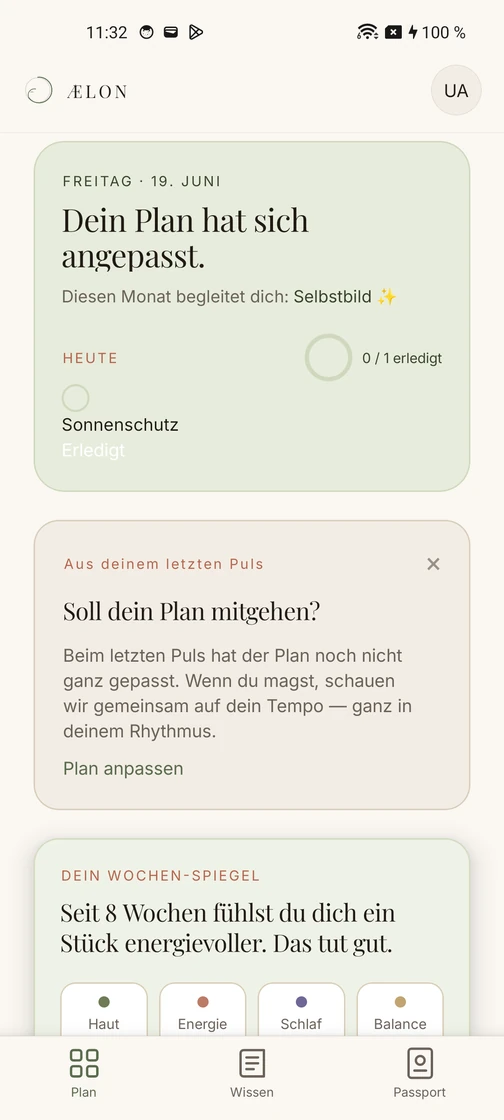 ÆLON App: Plan-Ansicht mit Tagesfokus